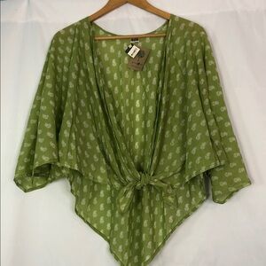 CRC PETITE PAISLEY KIMONO TIE-FRONT KNOT GREEN HANDCRAFTED SIZE L